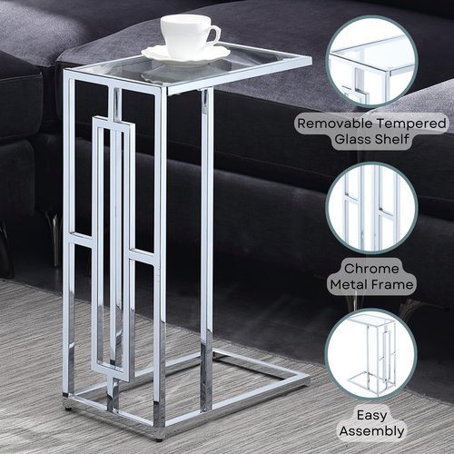 Convenience Concepts Town Square Chrome C End Table 15.75" - Contemporary C Couch Table, Modern Living Room Glass Side Table, Family Room Sliding End Table, Glass/Chrome