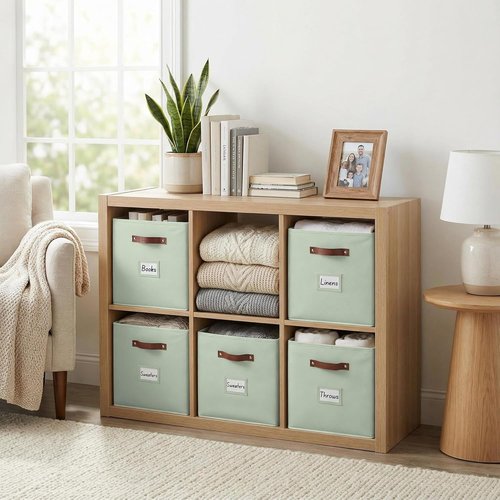 DECOMOMO Storage Bins - Cube Fabric Storage Cubes with Labels | 10.5" x 11" | Set of 6, Sage Green
