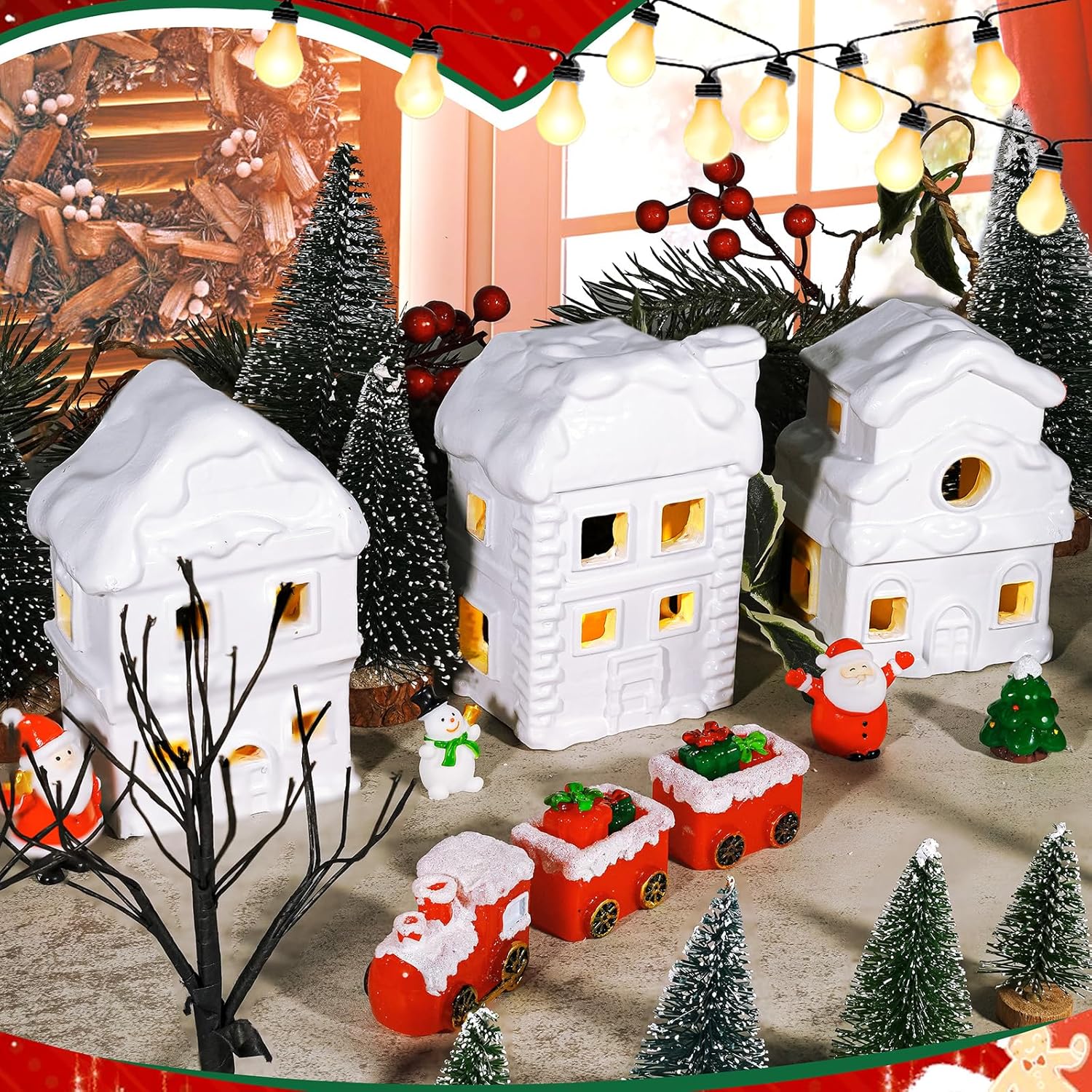 Wowagoga Ceramic Christmas House Village Set - 21 Pcs White Resin Figurines with Light-Up Feature | 4.3 Inch Decor