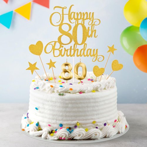 80th Birthday Cake Decorations - Glitter Happy 80th Birthday Toppers & Candles Set | Gold