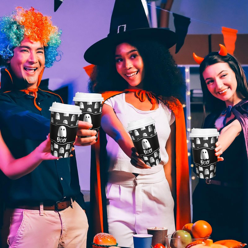 Whaline 50Pcs 16Oz Halloween Disposable Coffee Cups with Lids and Sleeves Spooky Foil Silver Ghost Boo Paper Drinking Cup for Trick or Treat Birthday Party Supplies