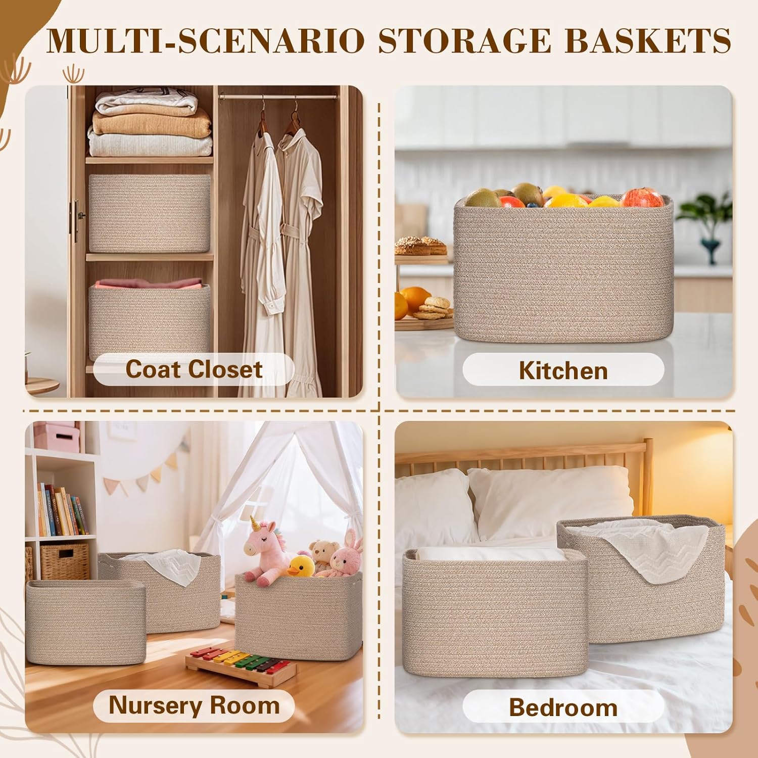 Regine Switzerland Woven Storage Baskets - 3 Pack Organizing Bins for Shelves | 15" x 10" x 9" Brown