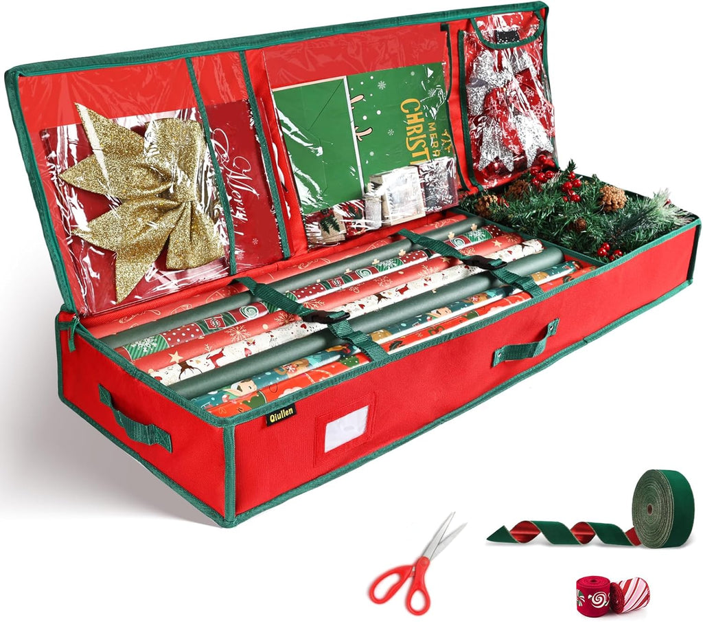 Skiennix Gift Wrap Organizer - Large Capacity Christmas Wrapping Paper Storage Bag | Sturdy 600D Oxford Fabric (Red)