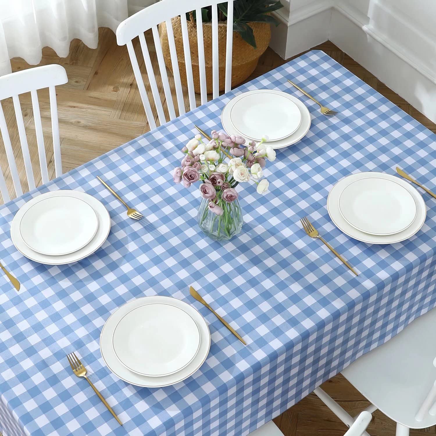 Romanstile Rectangle Vinyl Tablecloth, 100% Waterproof Buffalo Gingham Plastic Table Cloth, Heavy Duty Wipeable Checkered Table Covers for Outdoor, Camping, Picnic, Patio - 52 x 70, Light Blue