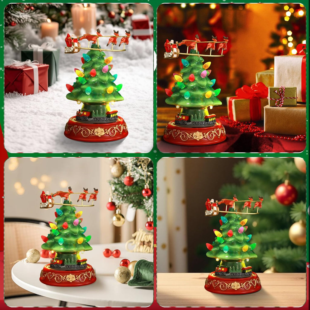 Skiennix Musical Pre-Lit Artificial Christmas Tree - Spinning Train & Elk Figurines | Holiday Tabletop Decor