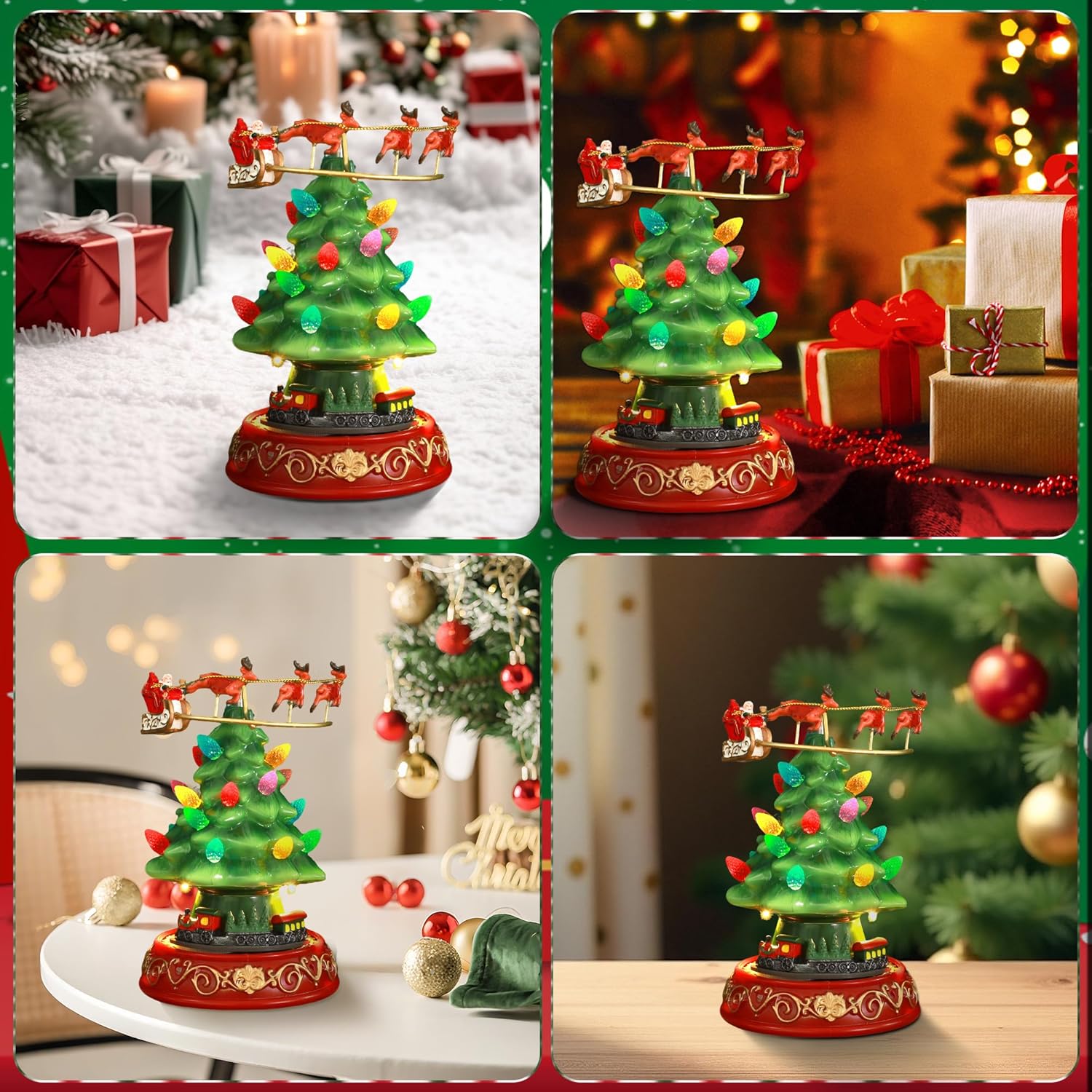 Skiennix Musical Pre-Lit Artificial Christmas Tree - Spinning Train & Elk Figurines | Holiday Tabletop Decor