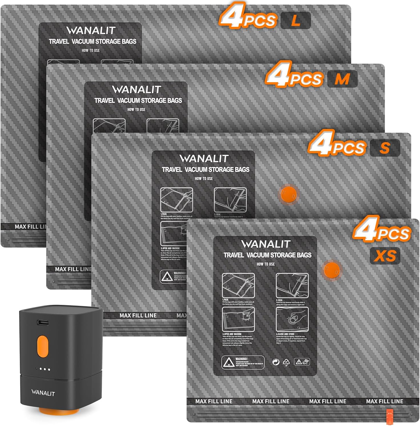 Skiennix Vacuum Storage Bags - 16 Pack Travel Essentials with Wireless Rechargeable Pump | Space Saver for Clothing & Luggage