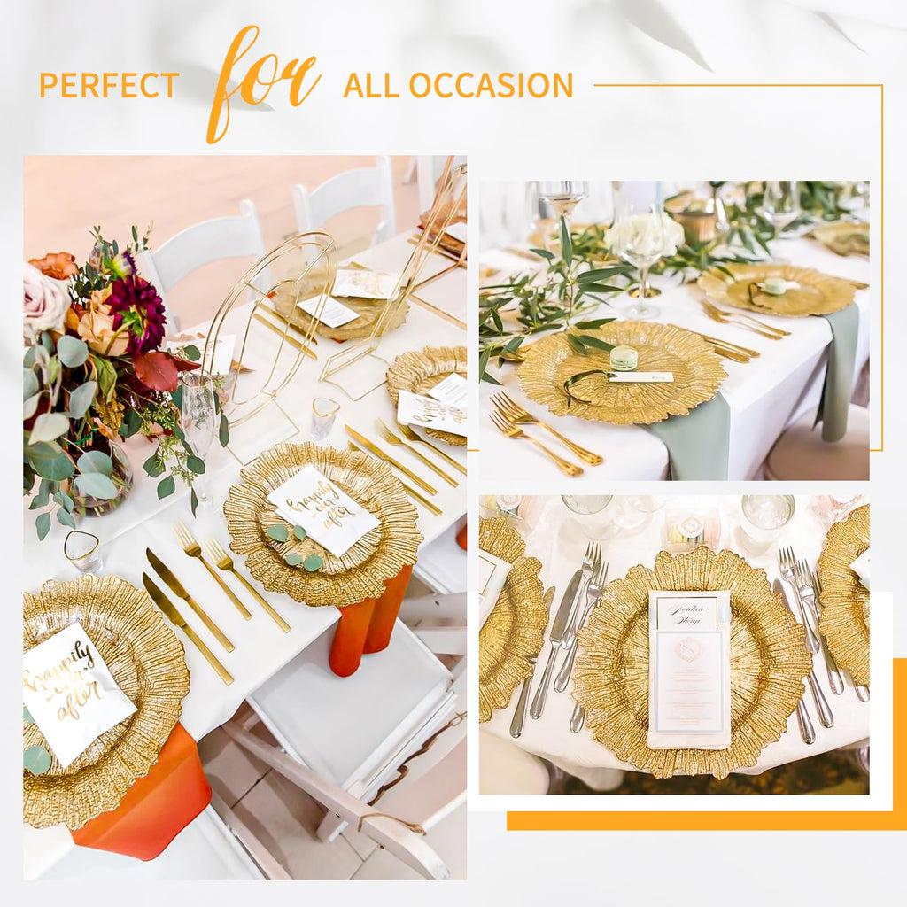 24 Pcs Gold Charger Plates Bulk, 13" Reef Plate Chargers for Dinner, Plastic Floral Decorative Plates for Table Setting, Wedding, Party, Event, Decoration