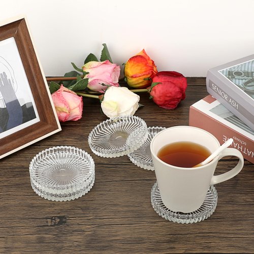 JUXYES 8 Pack Clear Crystal Coasters Round Cup Mat, Glass Coasters for Drinks Coffee Tea Wine, Decorative Wine Bottle Coaster, Crystal Drink Coasters for Restaurant bar Kitchen Dining Table