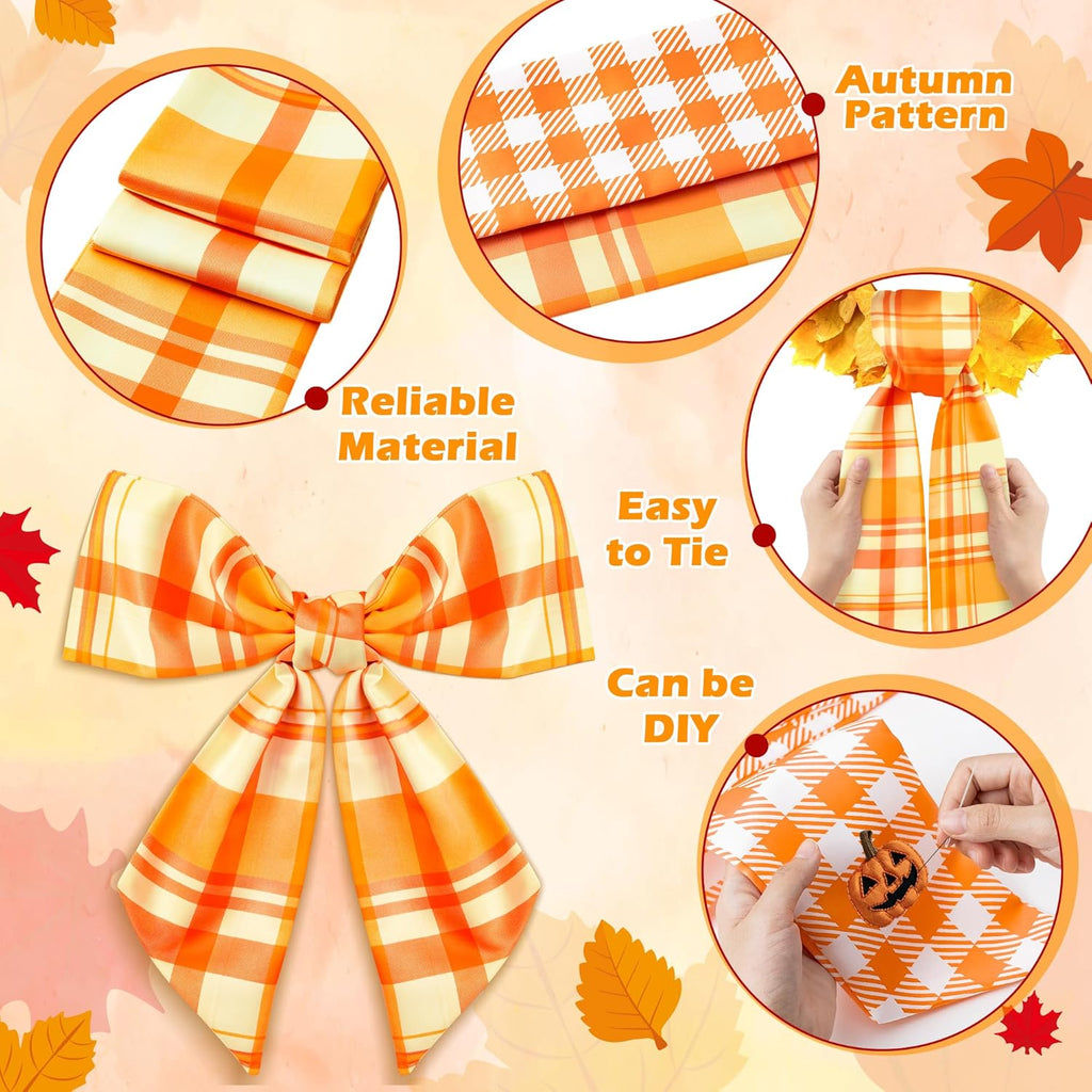 WATINC Wreath Sash - Autumn Orange 2-Piece Buffalo Check DIY Bow for Front Door Decor | Thanksgiving Satin Sash (56'' x 4.5'')