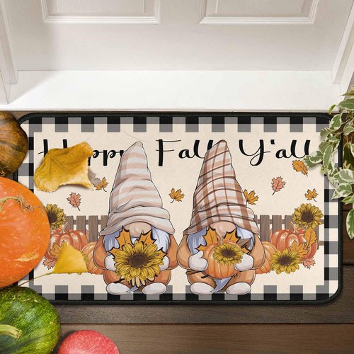 Buffalo Plaid Pumpkin Fall Kitchen Rugs Set of 2, Non Slip Absorbent Autumn Thanksgiving Kitchen Mats Pumpkin Gnomes Kitchen Rugs and Mats Sets 17"x47"+17"x30"