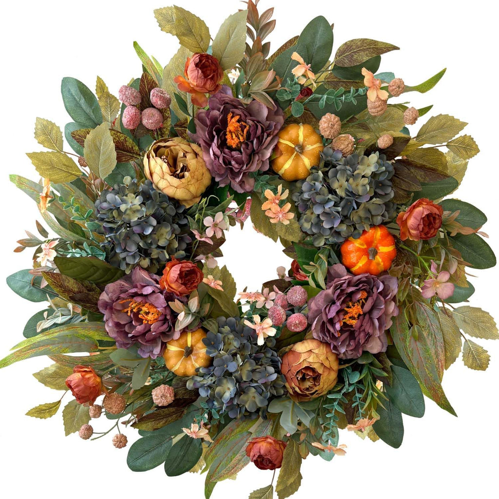 WANNA-CUL 24 Inch Spring & Fall Wreath - Blue Hydrangea & Purple Peony | Autumn Door Decor
