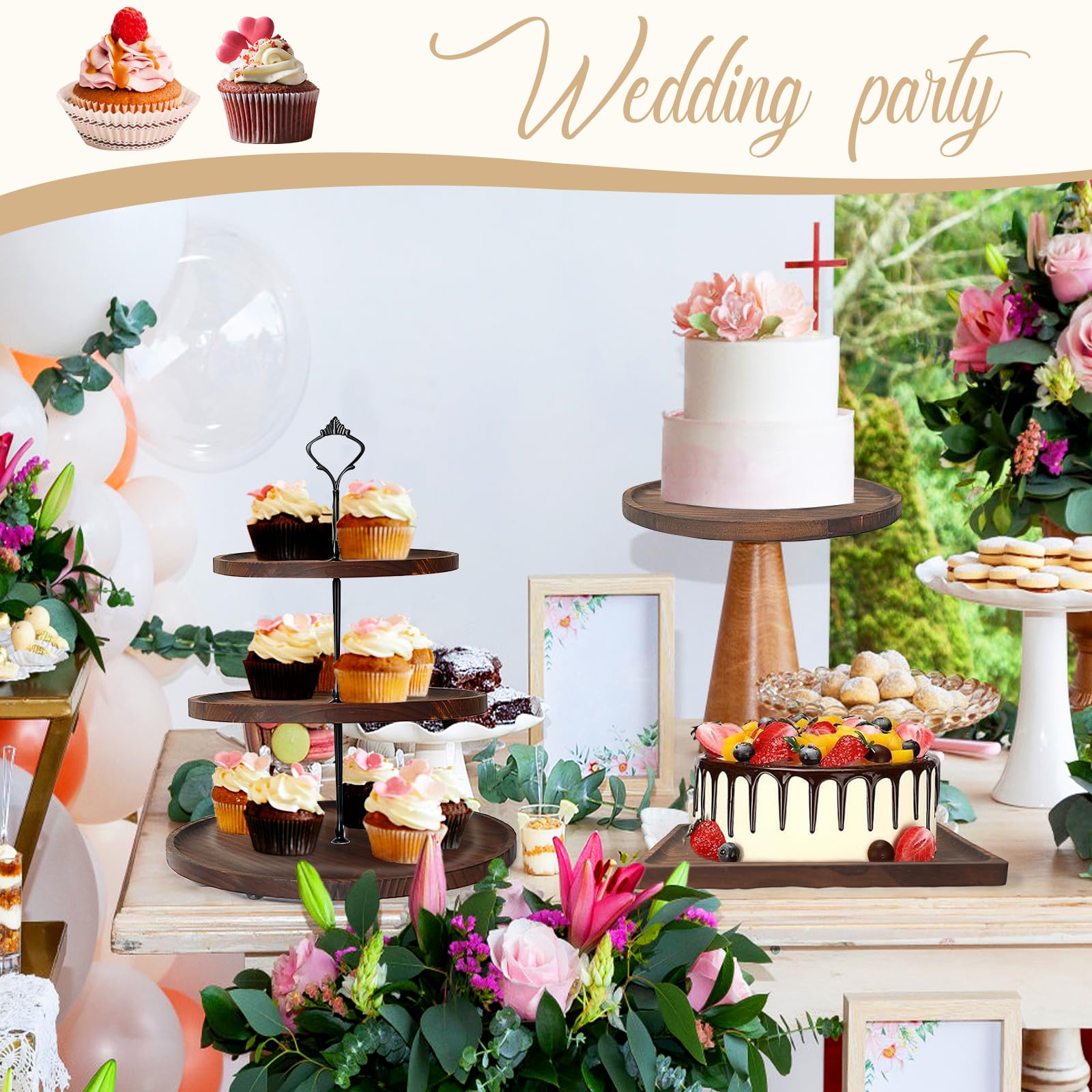 LARDUX Wooden Dessert Table Display Set - 4 Tier Cupcake Stand, 3 Tier Dessert Stand, 2Pcs Round Serving Trays,1Pcs Rectangular Trays for Party, Wedding, Baby Shower