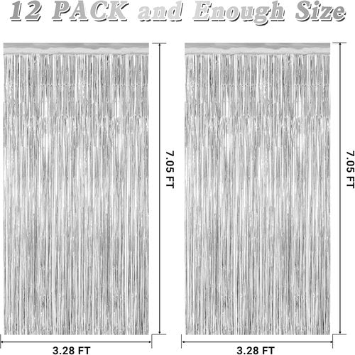 Metallic Silver Fringe Backdrop by Skiennix - 12 Pack Tinsel Curtains for Birthday & Disco Party Decor | 3.28 FT x 7.05 FT