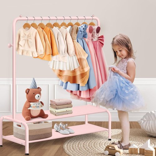 Mirolam Kids Clothing Rack - Dress Up Storage Solution for Little Girls - Small Costume Wardrobe with 2 Fabric Shelves