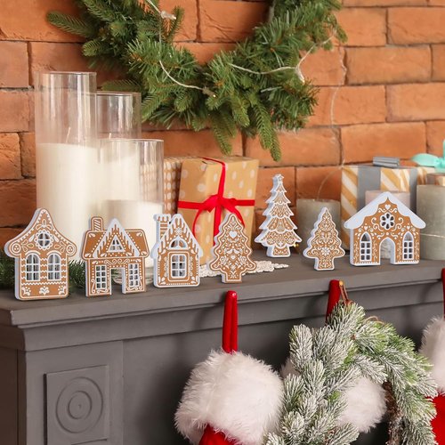 Faccito 9-Piece Wooden Gingerbread House Decor Set - Festive Christmas Village Centerpiece for Indoor Decorations