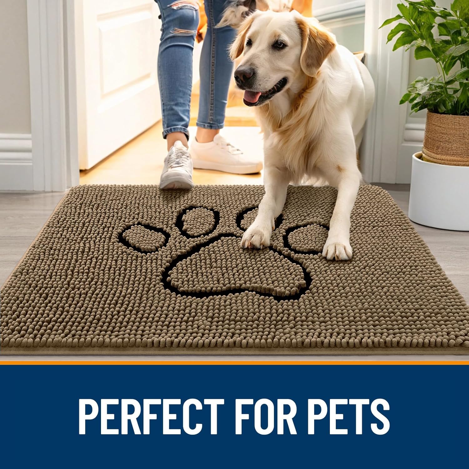OLANLY Dog Door Mat - Absorbent Non-Slip Mud Mat for Muddy Paws | 36x24 Tan Chenille Design