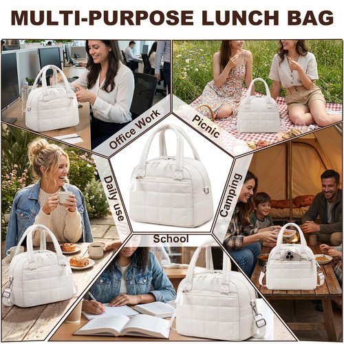 LEDAOU Lunch Box for Women Lunch bag Quilted Puffer Lunch Box with Adjustable Strap Insulated Reusable LunchBox for Work School Picnic Travel