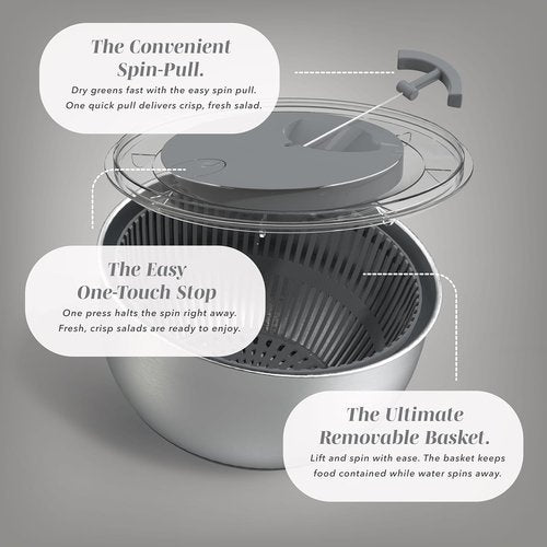 COOK WITH COLOR Stainless Steel Salad Spinner - 5 Qt. Easy Lettuce Washer & Vegetable Dryer - Non-Slip Base, Auto Stop Brake