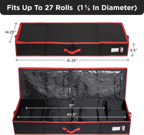 HOLDN’ STORAGE Premium Wrapping Paper Storage Container - Durable 600D Tear-Proof Design | Fits 27 Rolls, Extra Pockets for Ribbons & Bows, Black