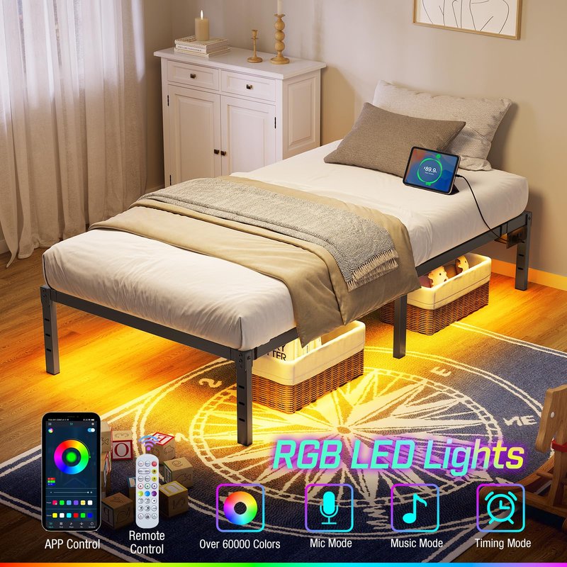 Rolanstar Bed Frame with USB Charging Station, Twin Bed Frame with LED Lights, Platform Bed Frame with Heavy Duty Steel Slats, 14" Storage Space Beneath Bed