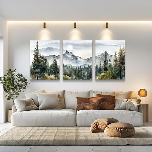 MHARTK66 Large Wall Art - Modern Abstract Mountain Forest Landscapes | 3-Piece Framed Canvas Set for Living Room & Office Decor