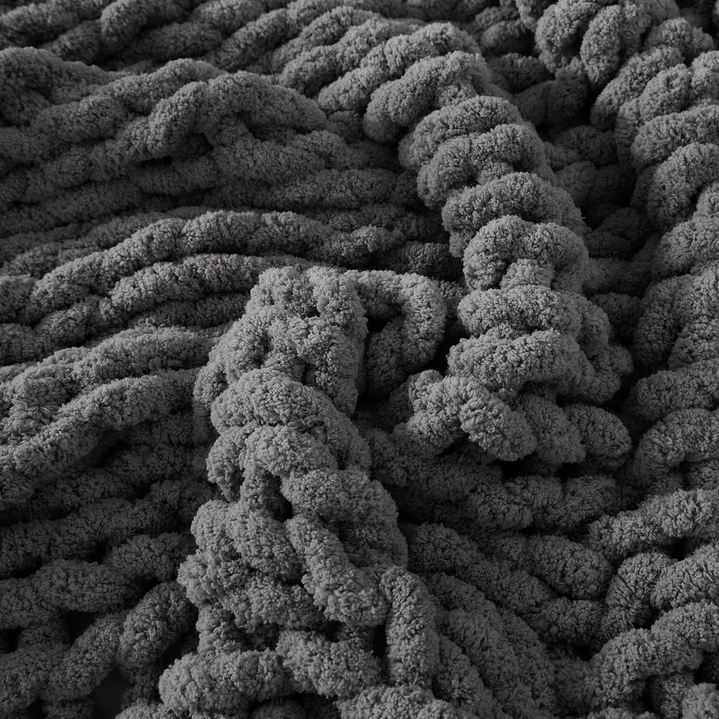WRENSONGE Chunky Knit Blanket Throw Dark Grey Large Soft Fluffy Cable Knit Crochet Throw 100% Hand Knitted Blanket for Couch Bed(40"x40")