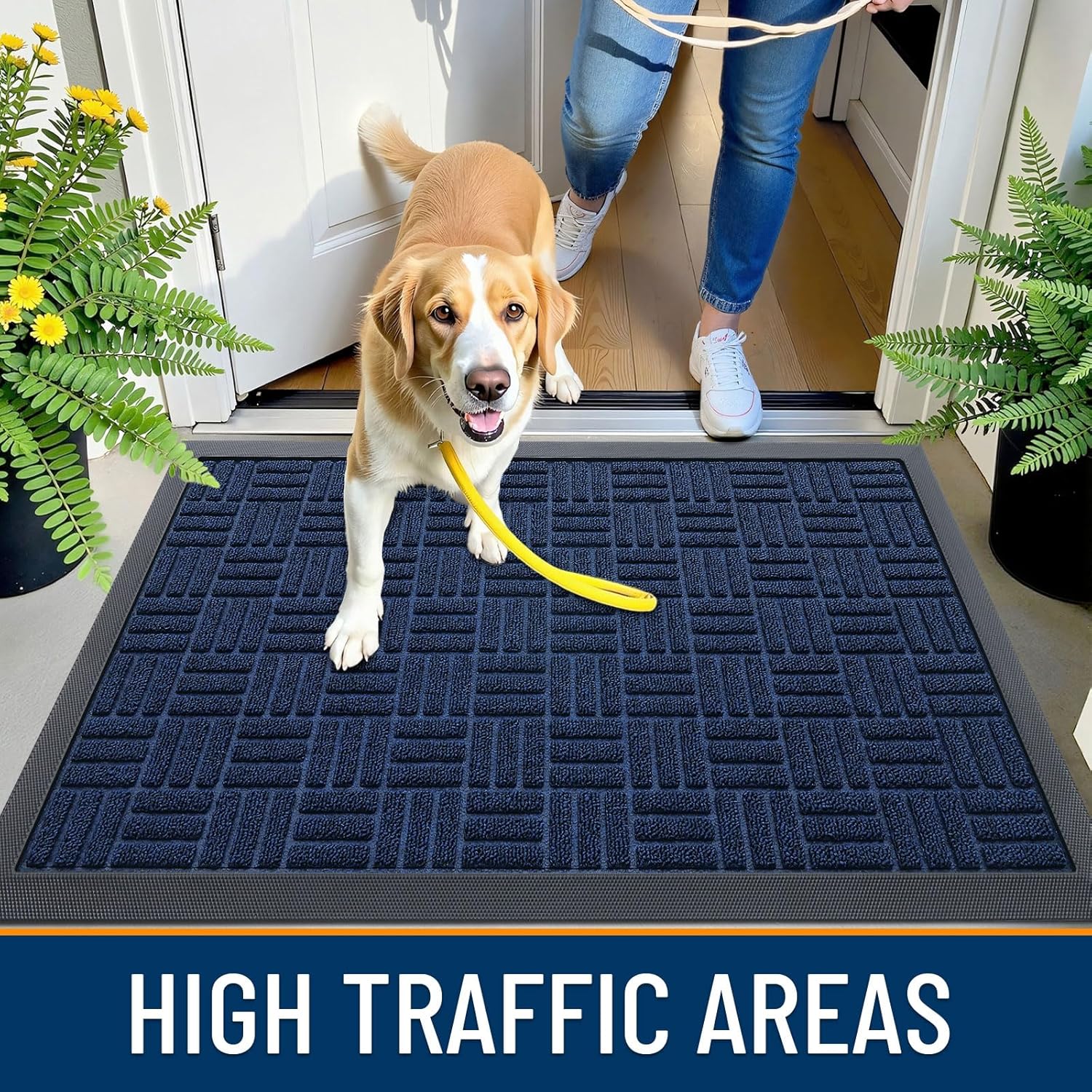 OLANLY Heavy Duty Front Door Mat - Absorbent Non-Slip Natural Rubber | 29.5x17 Inches, Navy Blue