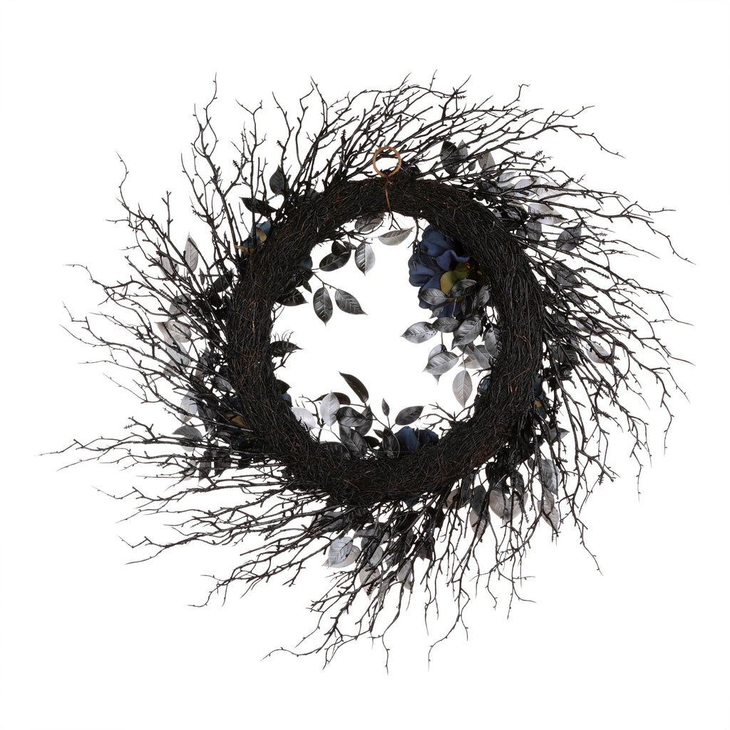 National Tree Company Artificial Deadwood and Roses Halloween Wreath, Black, 24 inch