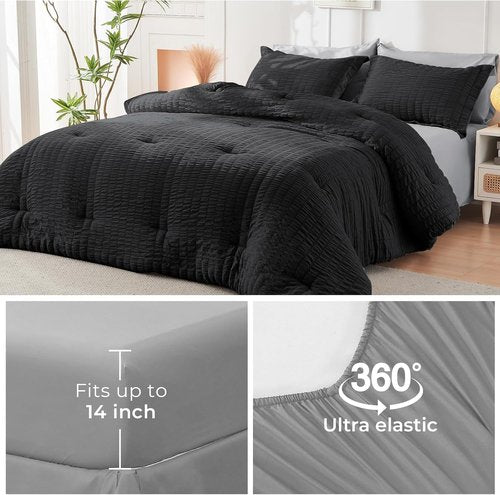 HYMOKEGE California King Comforter Set - Luxurious 7-Piece Seersucker Bedding in Black/Light Grey