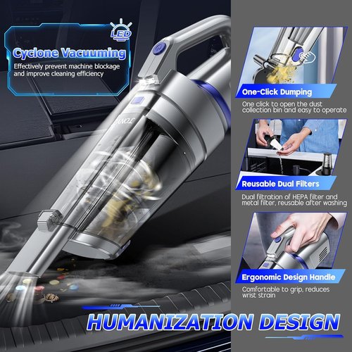JONYJ Cordless Handheld Vacuum - 16000PA Strong Suction | Portable Rechargeable with Multi-Nozzles & LED Light