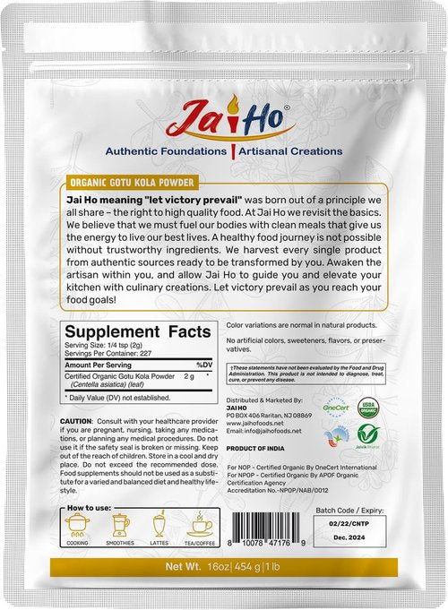 Jai Ho Certified USDA Organic Gotu Kola Powder – 1 LB – Gluten-Free, Vegan, Non-GMO – Resealable Zip Lock Pouch