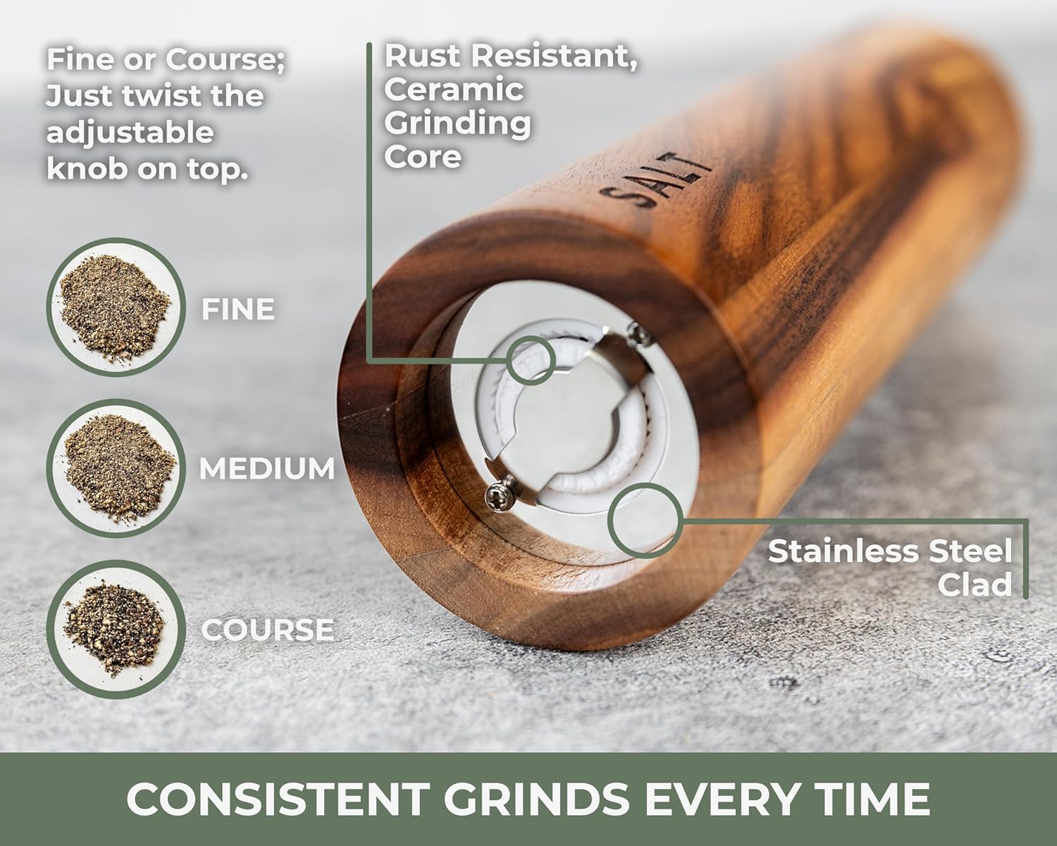 Saffron & Sage Premium Acacia Wood Salt and Pepper Grinder Set | 8” Tall with Adjustable Coarse Settings