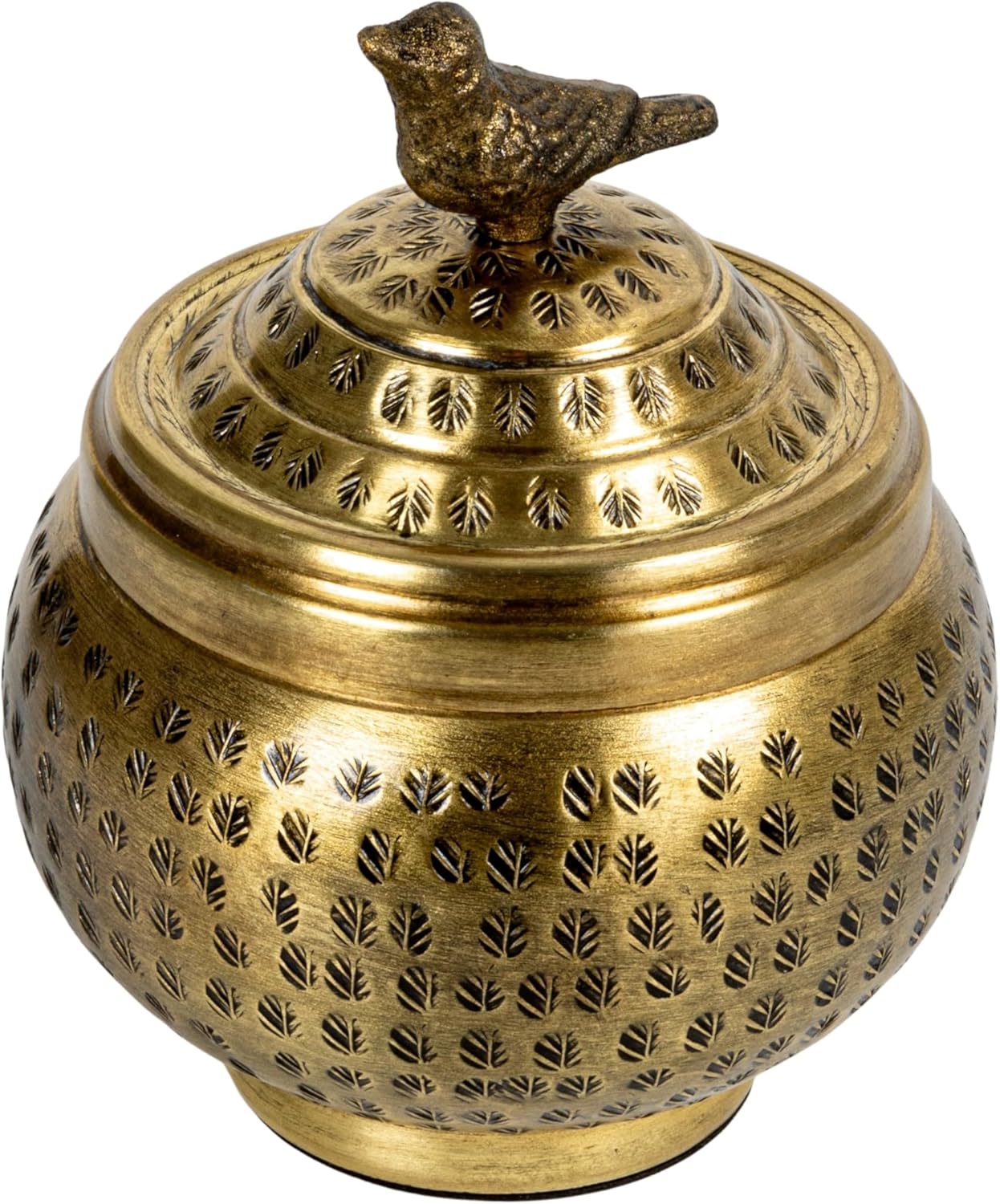 Round Hammered Metal Container - Elegant Bird Finial Design in Brass Finish