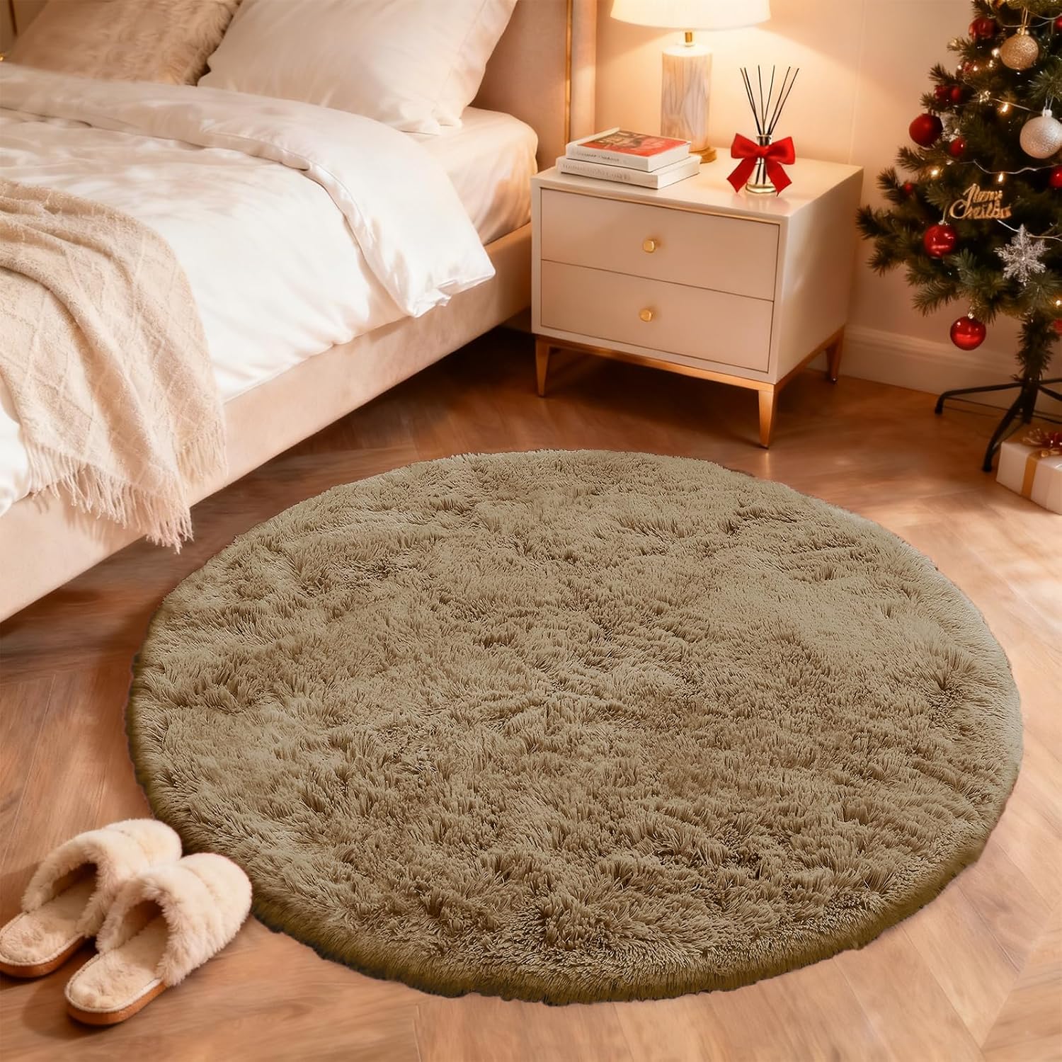 OLANLY Taupe Round Area Rug - Soft, Machine Washable 4 ft Circle Carpet for Bedroom & Living Room Decor