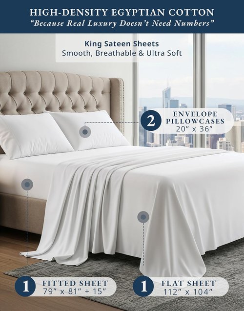 100% Egyptian Cotton King Size Sheets - Ultra-Soft & Breathable 4-Piece Set with Deep Pockets - White