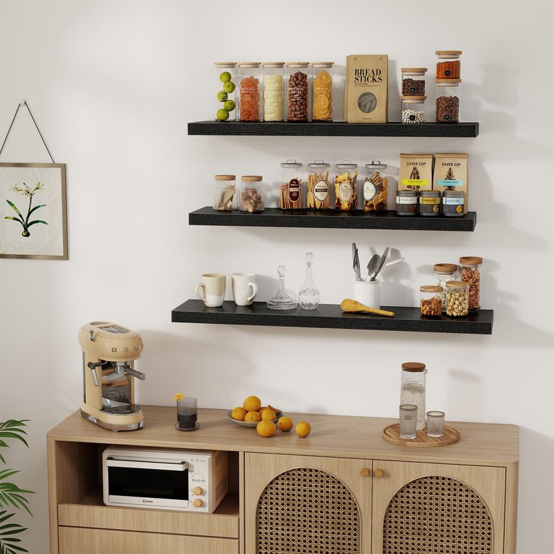 Black Floating Shelves Wall Shelf 40 Inch, 8 Inch Deep Floating Shelf for Wall, Farmhouse Black Wood Shelves Invisible Bracket for Living Room, Bedroom, Kitchen, 40 x 8 x 1.4 Inch, Set of 2