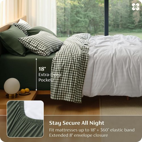 Bedsure 100% Washed Cotton Percale Sheets - Soft Gingham Queen Set with 18" Deep Pockets (Olive Green)