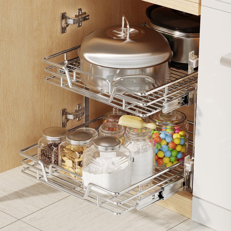 QUYUWU 2-Tier Kitchen Cabinet Pull Out Shelf and Drawer Organizer Slide Out Pantry Storaqe Basket in Multiple Sizes (10.7x 21 D)