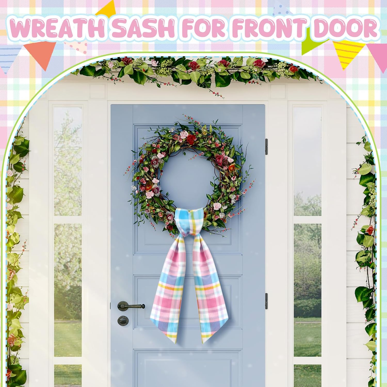 VitalCozy Easter Plaid Wreath Sash - Satin Monogram Ribbon for Indoor/Outdoor Decor