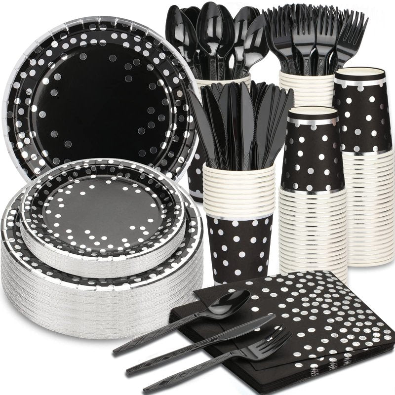 175PCS Black & Silver Party Supplies - Silver Dot Disposable Dinnerware - Black Paper Plates, Napkins, Cups, Plastic Forks, Knives, Spoons for New Year, Wedding, Graduation, Birthday Parties