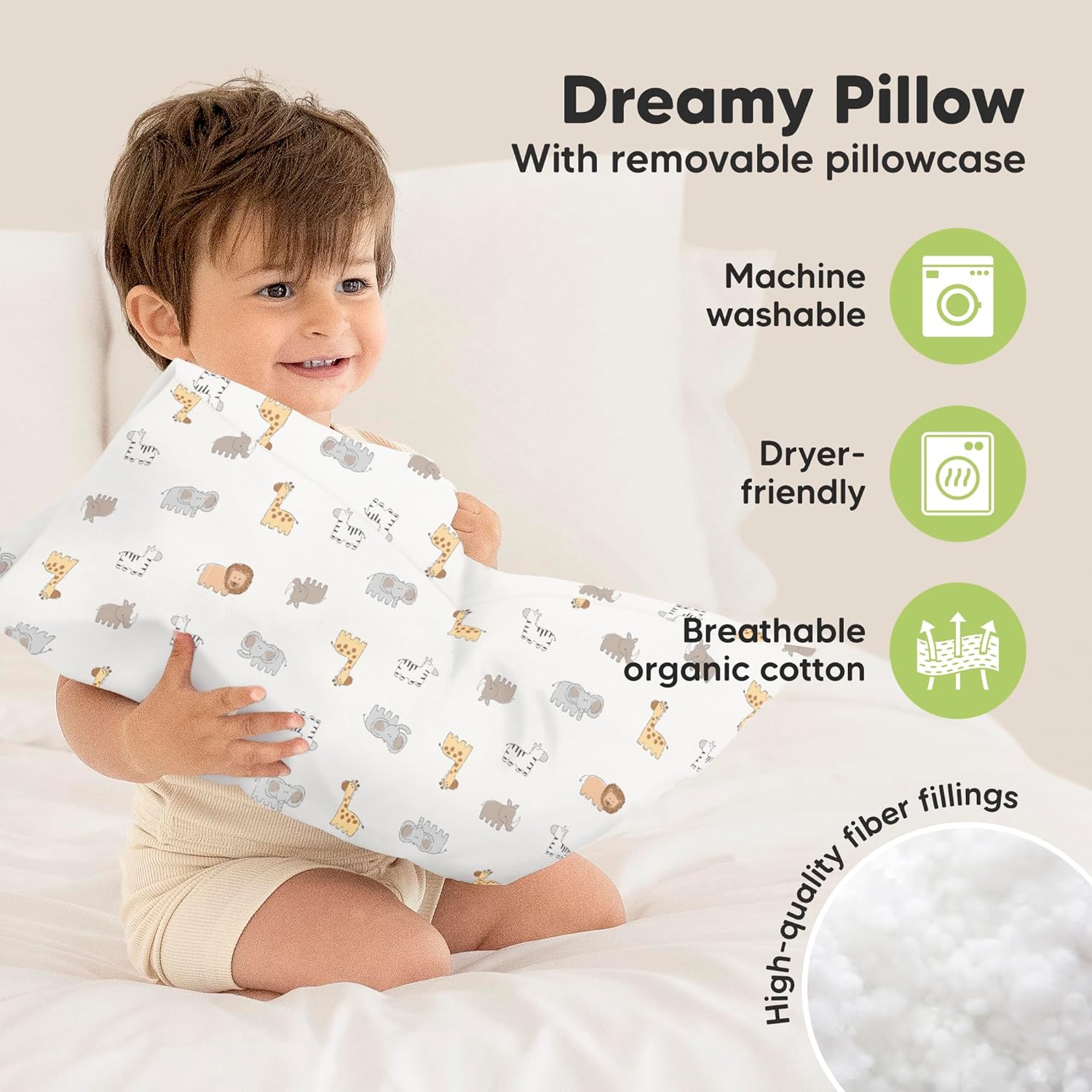 My Little Dreamy Toddler Pillow - Organic Cotton 13x18 Travel Bed Pillow | Soft, Breathable & Machine Washable for Ages 2-5 (Safari Echo)