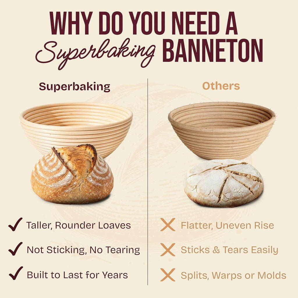 Superbaking Sourdough Starter Kit - 9" Round Banneton Bread Proofing Basket Set & Silicone Sling