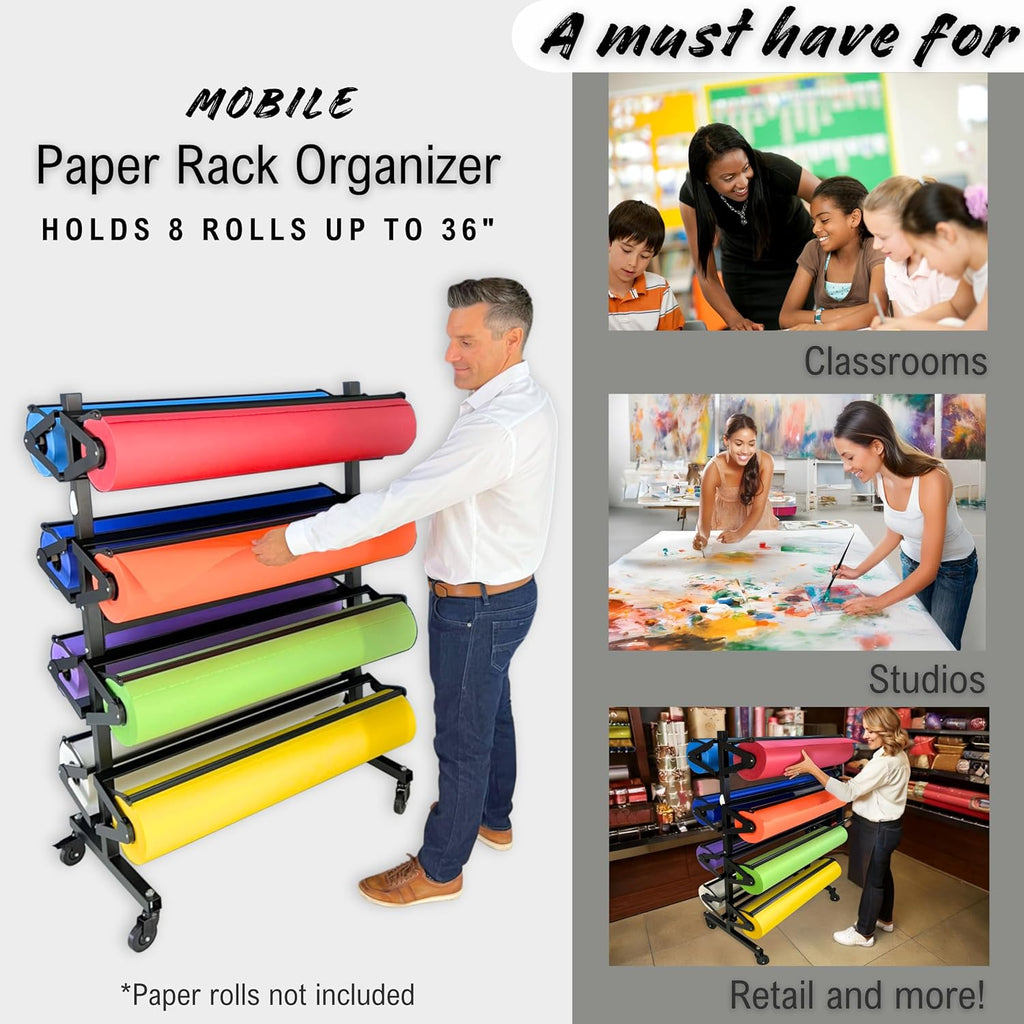 Skiennix Paper Roll Holder - Durable Dispenser Rack & Cutter | 8 Racks for 36" Craft, Gift Wrap & Art Rolls