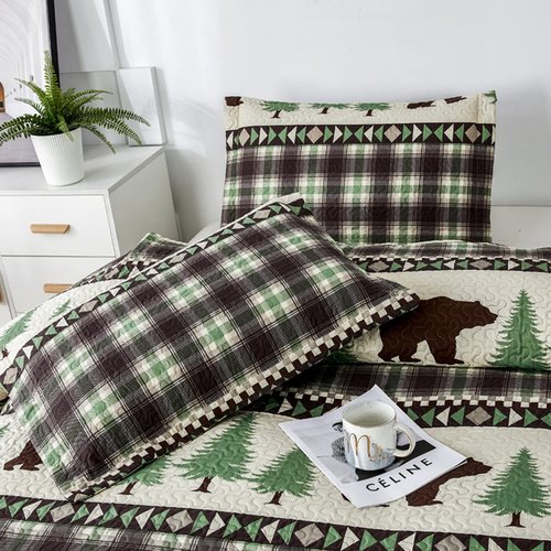 Lodge Quilts Set King Size, 3Pcs Rustic Cabin Brown Bear Bedding Green Pine Tree Bedspread Coverlet Lightweight Soft Reversible Plaid Stripe Bed Cover Set Country Decor for All Season(96"x 108")