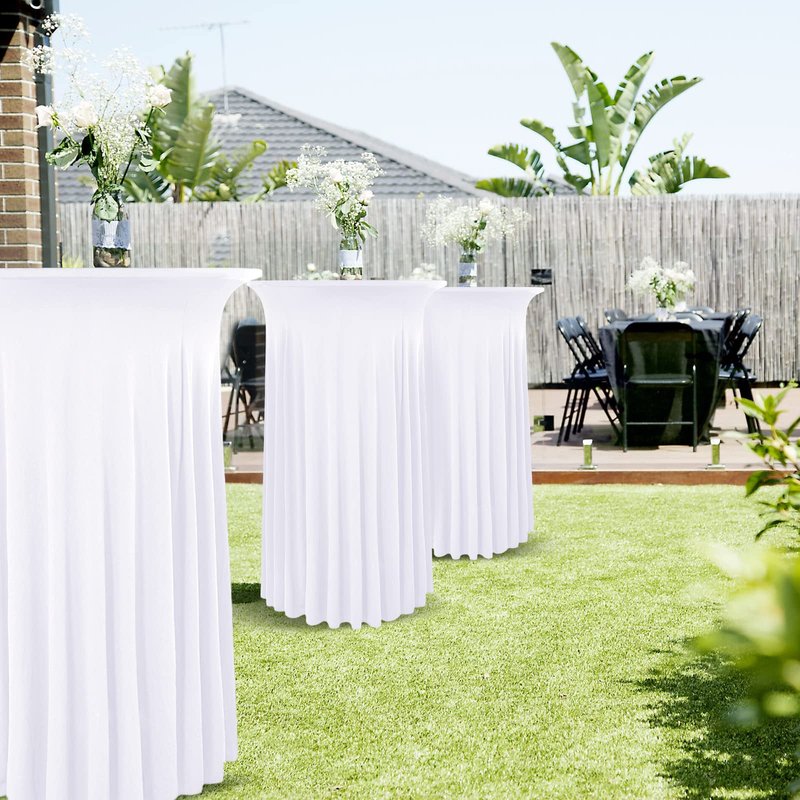 REWOMC 8 Pack White Spandex Round Cocktail Table Skirt, 24"x 43", Wavy Drapes, Stain & Wrinkle Resistant, Perfect for Cocktail Parties, Weddings, Banquets