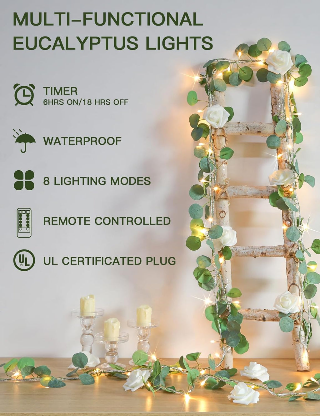 Suddus Eucalyptus Garland String Lights - 33ft 100 LED Plug-In with Remote | Warm White for Bedroom, Garden, Party Decor