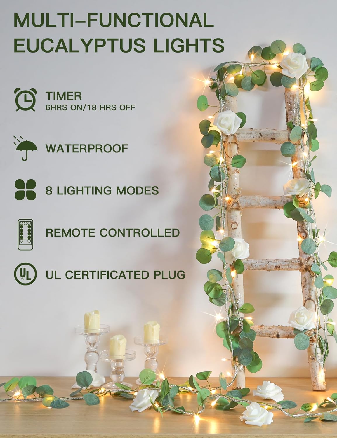 Suddus Eucalyptus Garland String Lights - 33ft 100 LED Plug-In with Remote | Warm White for Bedroom, Garden, Party Decor