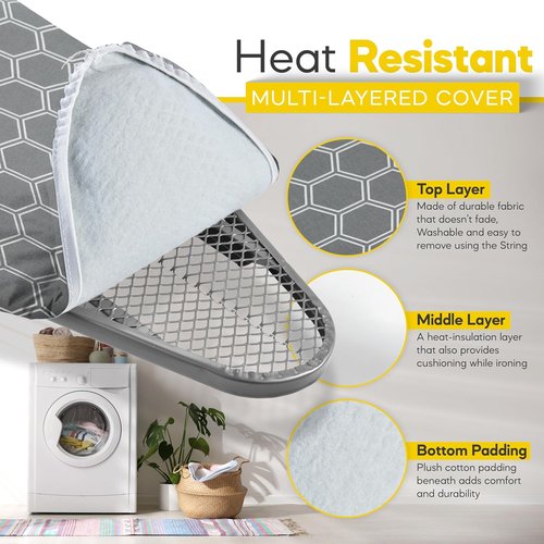 Full Size Ironing Board - Sturdy 57" L x 15" W Design with Adjustable Height & Heat Resistant Cover - Silver Gray