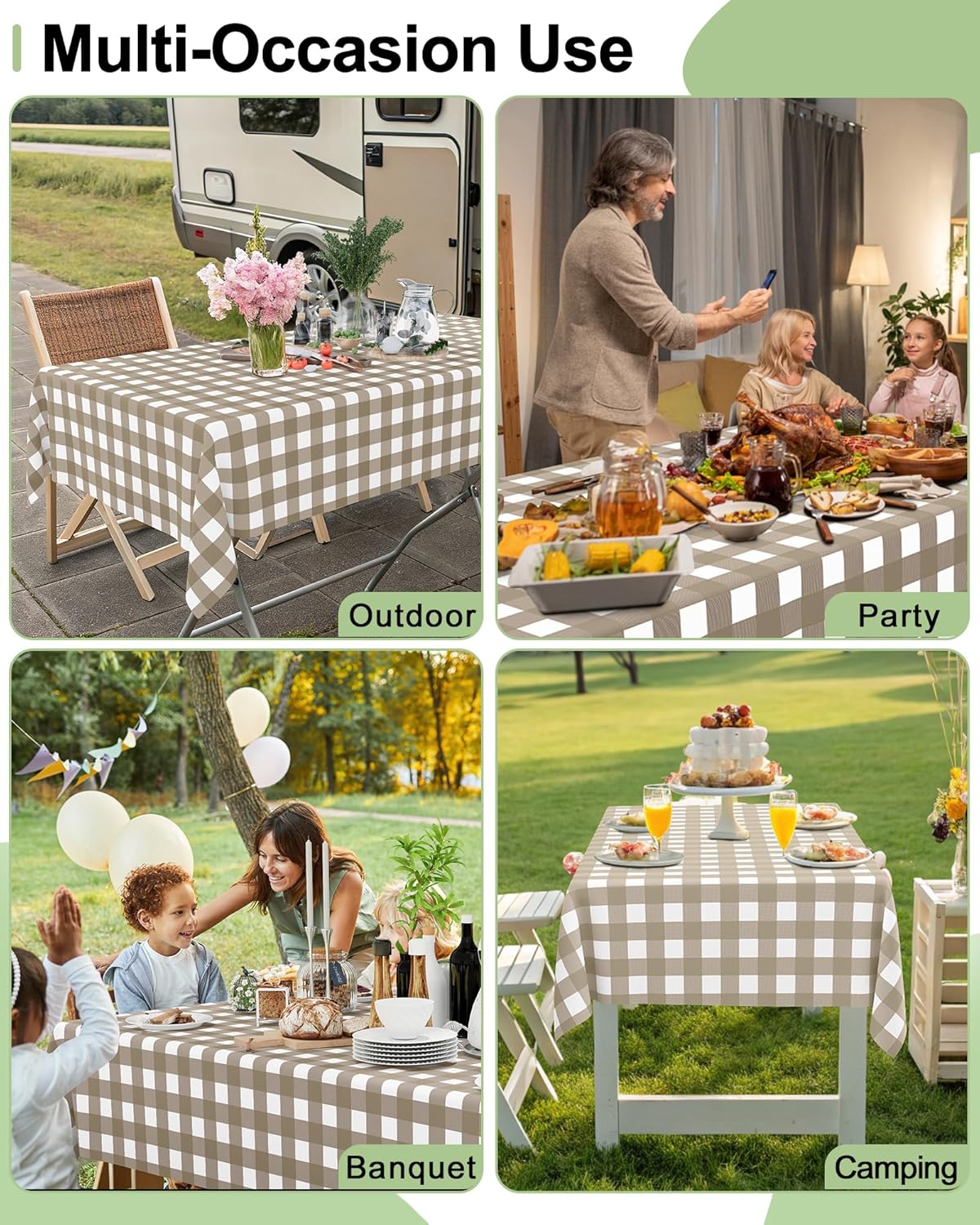 Smiry Gingham Disposable Tablecloths - Waterproof 54 x 108 Inch Khaki & White Checkered Covers for Parties & Outdoor Events